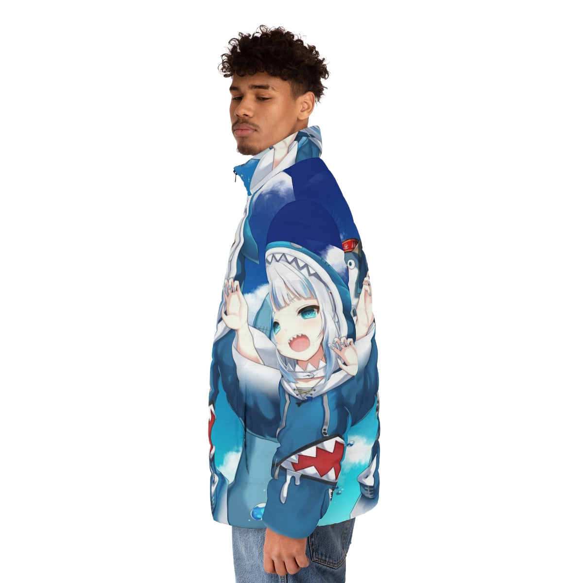 Gawr Gura Hololive anime-inspired puffer jacket with chibi character design - men side left