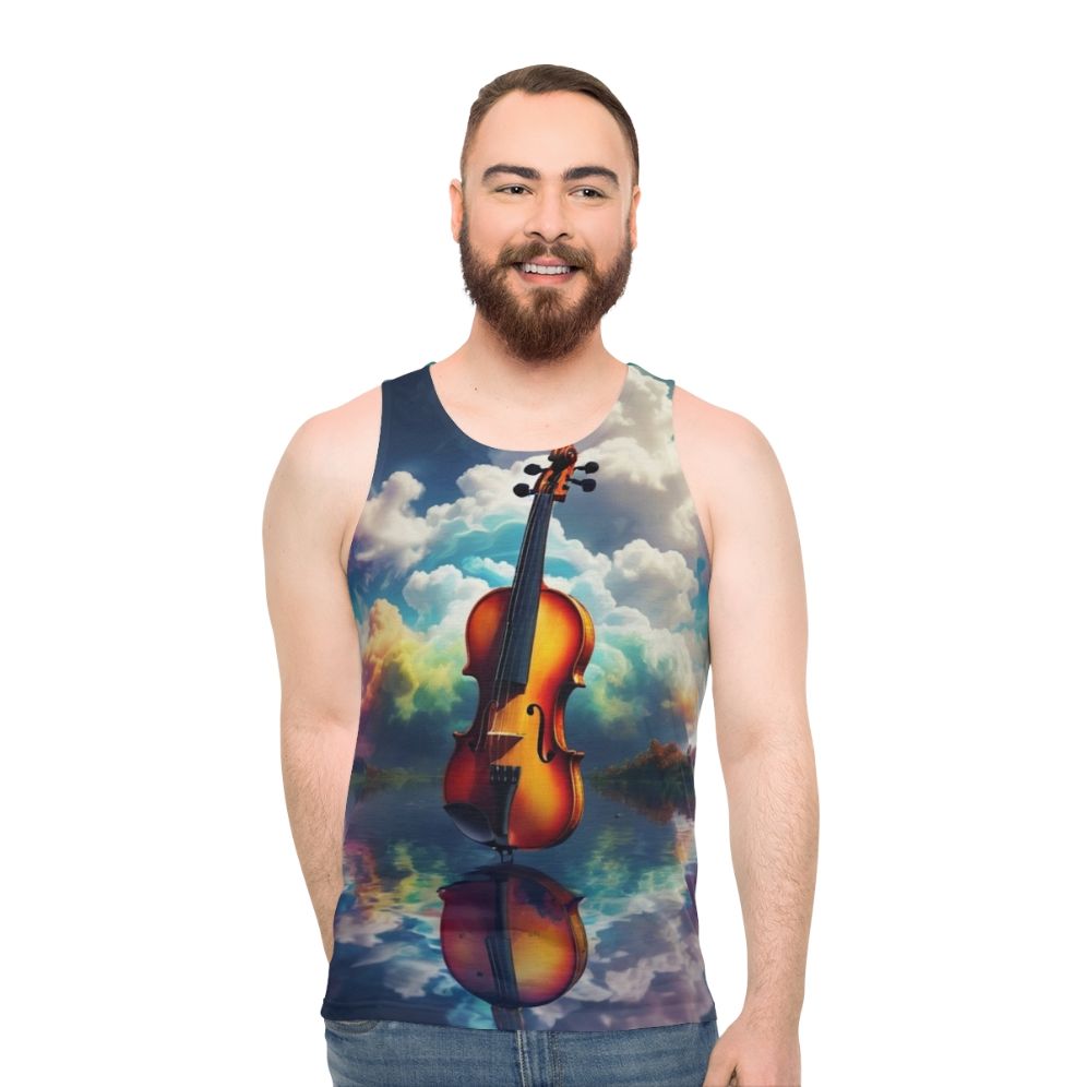 Unisex tank top with nature-inspired artistic landscape and melodic reflection - men