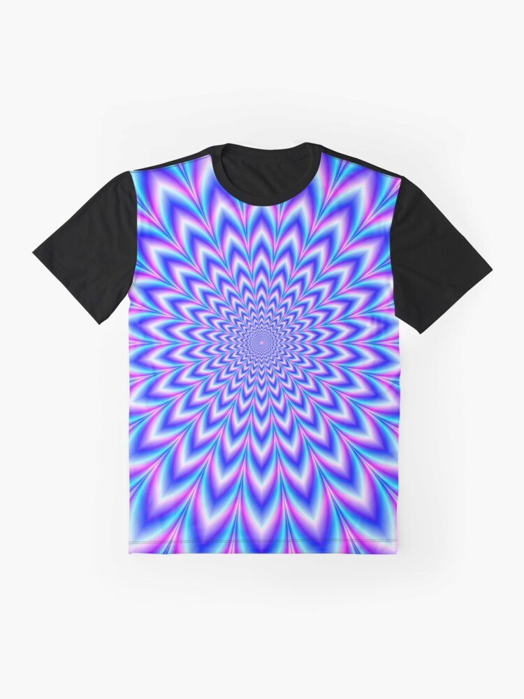 Psychedelic pulse graphic t-shirt featuring a mesmerizing optical illusion design in shades of blue and pink - Flat lay