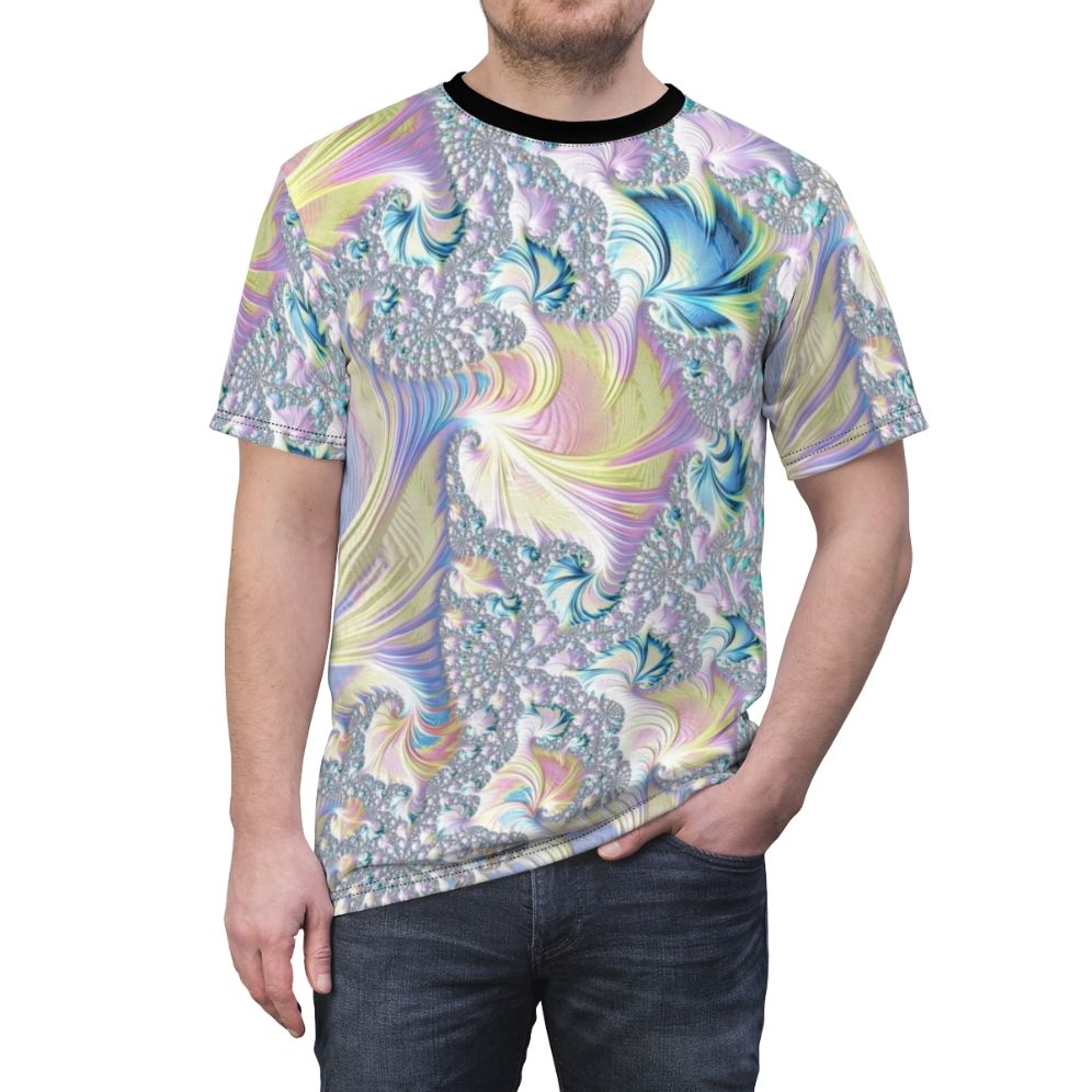 Pastel fractal t-shirt featuring a vibrant, abstract, psychedelic spiral pattern - men front