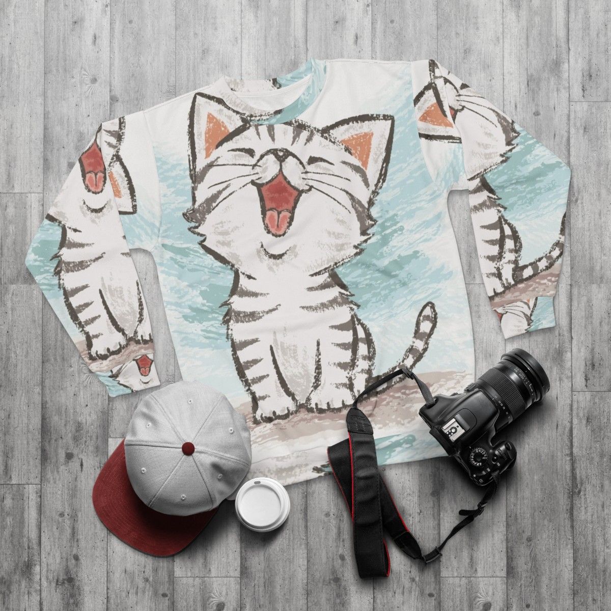 American Shorthair Cat Wearing Happy Sweatshirt - flat lay