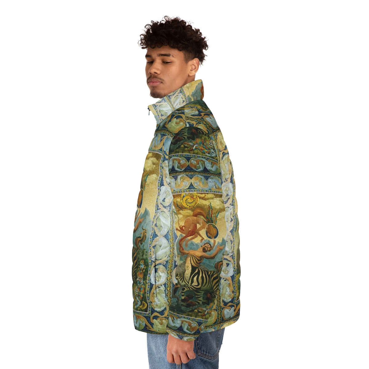 Oliver Grimley's fantasy art puffer jacket featuring vibrant and epic imagery - men side left