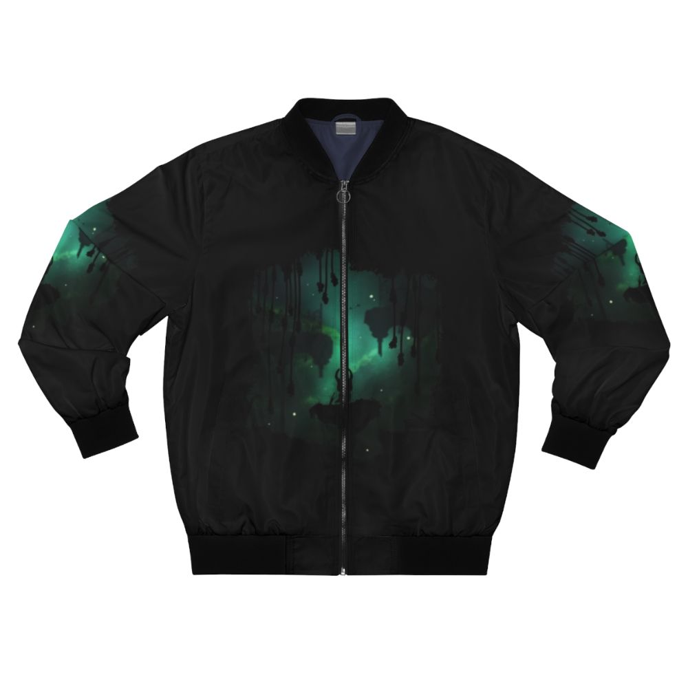 A bomber jacket with a nature-inspired design, featuring elements from the popular video game Hollow Knight.