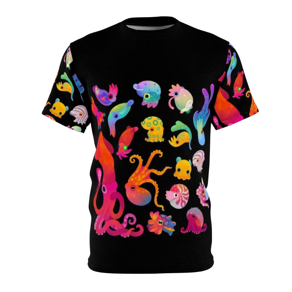 Cephalopod-inspired t-shirt featuring a vibrant all-over print design of various marine life species