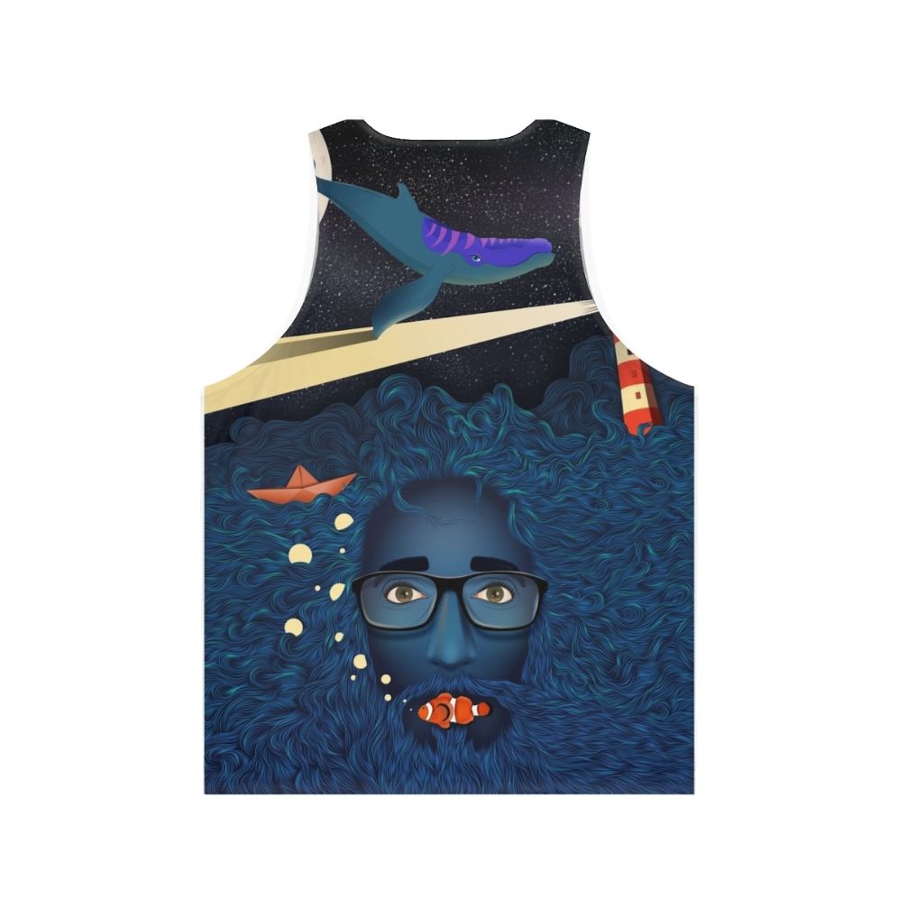 Unisex tank top with a deep thoughts and calma art ocean-themed fantasy design - Back