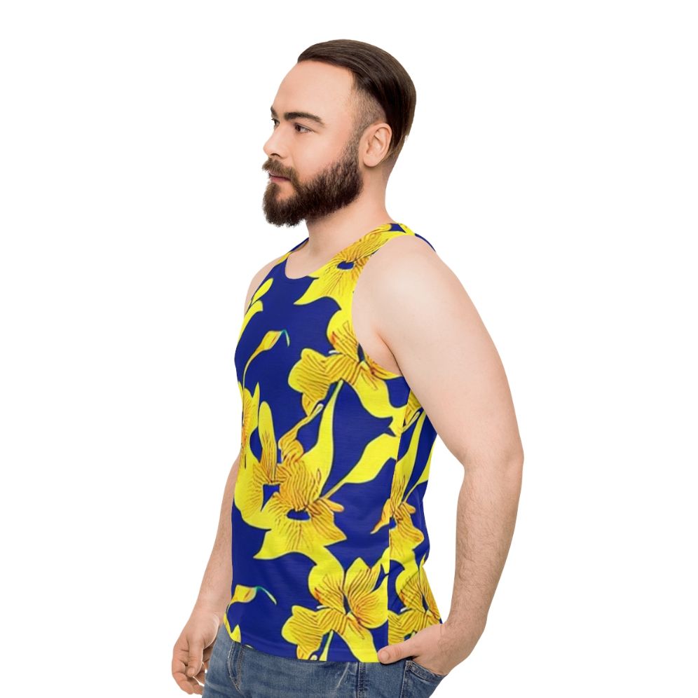 Abstract yellow floral pattern on blue unisex tank top - men side