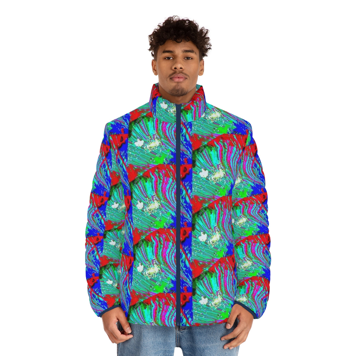 Colorful and iridescent puffer jacket with a glitch-inspired Everglades design - men front