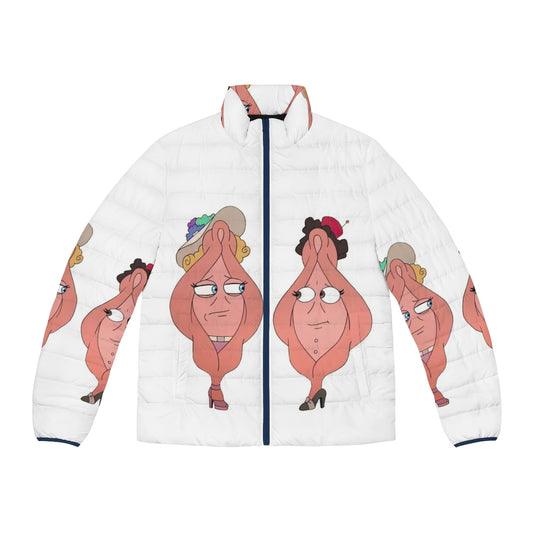 A colorful puffer jacket featuring the iconic "big mouth" design from the Netflix series Big Mouth