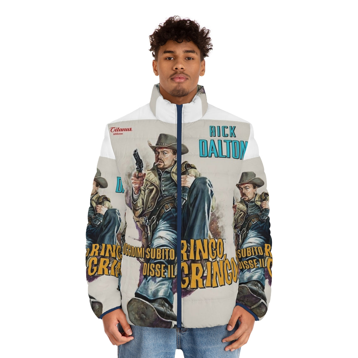 Once Upon a Time in Hollywood Puffer Jacket featuring Leonardo DiCaprio and Quentin Tarantino inspired design - men front