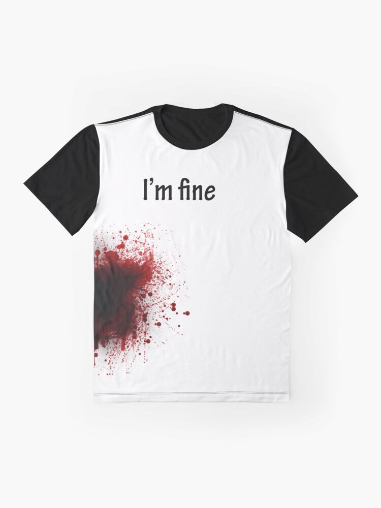 "I Am Fine" graphic t-shirt with a playful, imaginative design featuring a shooter, blood, and the text "I Am Fine" - Flat lay