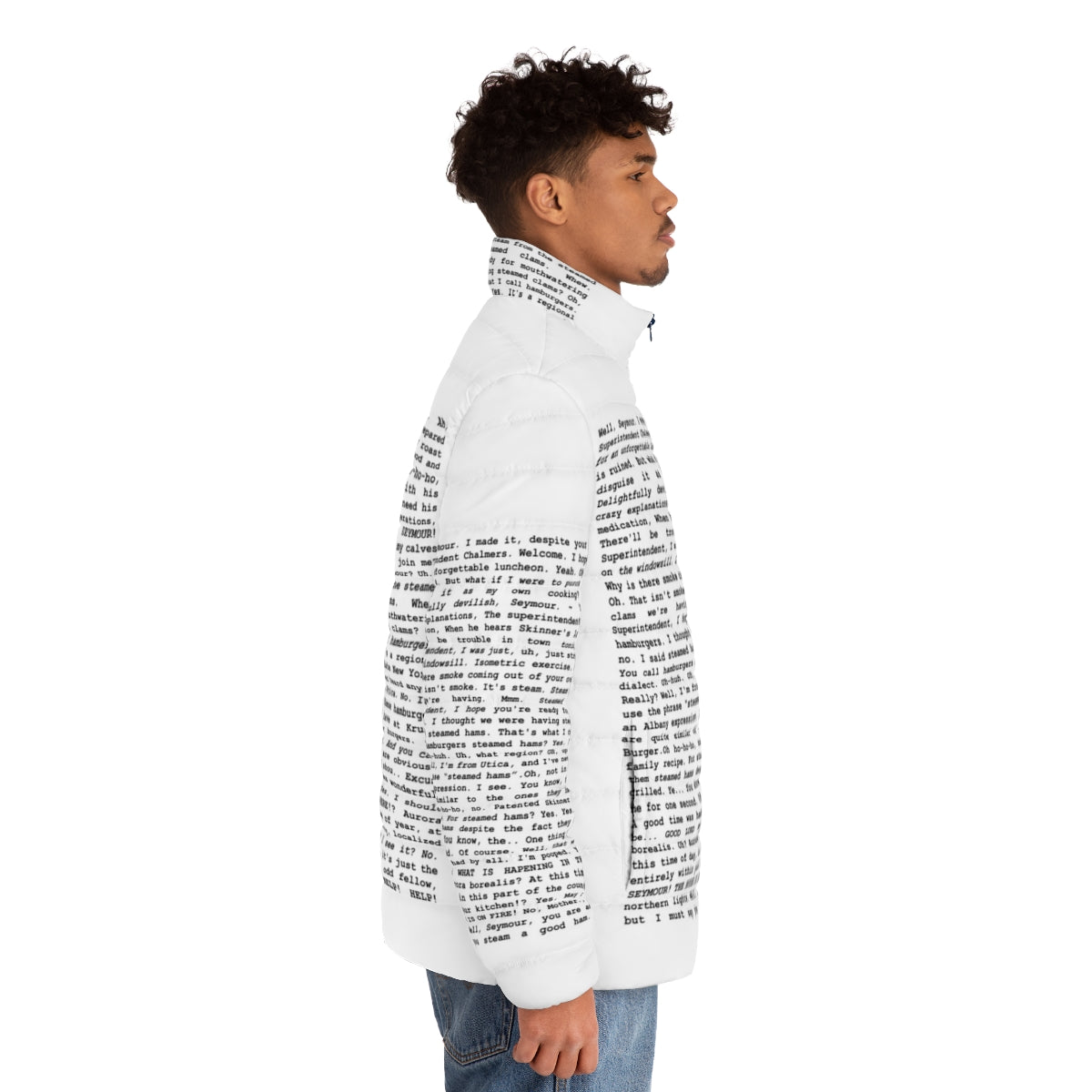 A puffer jacket printed with the entire "Steamed Hams" script from The Simpsons, featuring Superintendent Chalmers and Principal Skinner. - men side right