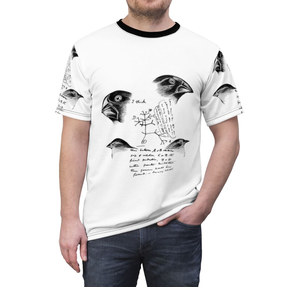 T-shirt featuring an all-over print design of Darwin's finches, a key element in the theory of evolution. - men front