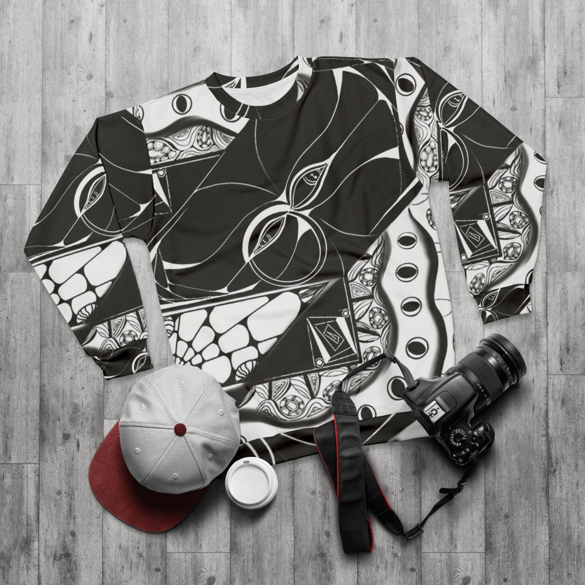 Hidden music sweatshirt with artistic notes pattern - flat lay