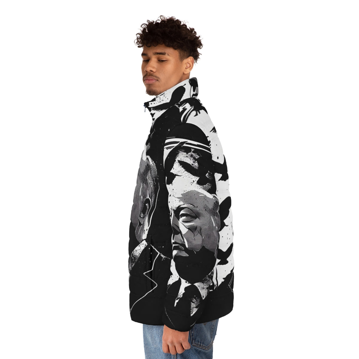 Alfred Hitchcock portrait puffer jacket inspired by the classic film "The Birds" - men side left