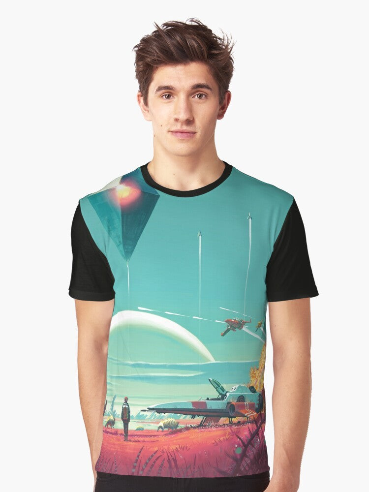 No Man's Sky Horizon Graphic T-Shirt, featuring a space-themed design with a spaceship and galaxy - Men