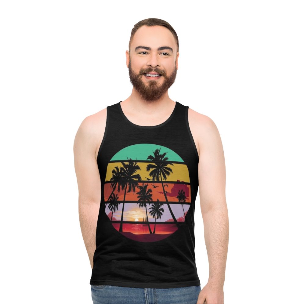 Unisex tank top with tree silhouette and sunset landscape - men