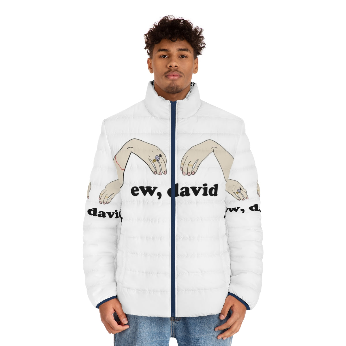 Ew David Schitt's Creek Puffer Jacket with Digital Illustration of David Rose - men front