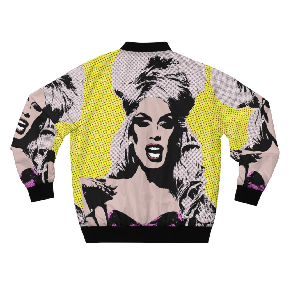 A colorful and vibrant Alaska-inspired pop art bomber jacket with drag queen influences. - Back