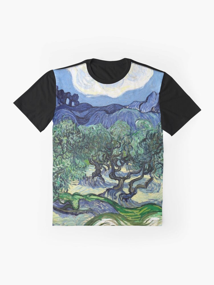 "Vincent Van Gogh's Masterpiece 'Olive Trees with the Alpilles in the Background' Printed on a Graphic T-Shirt" - Flat lay