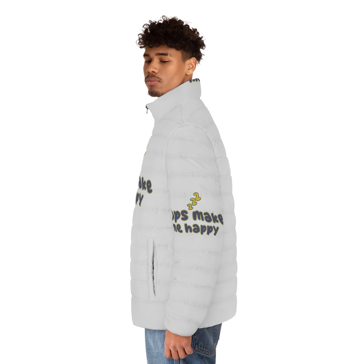 Comfortable puffer jacket featuring "Sorry I Was Sleeping, Naps Fix Everything" design - men side left