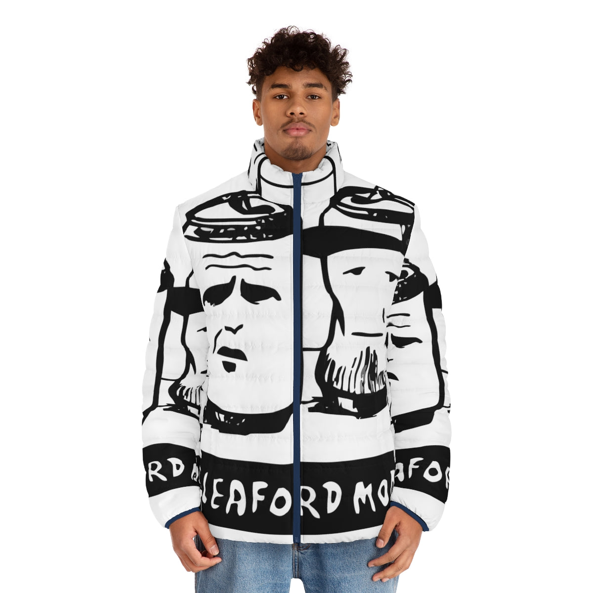 Sleaford Mods inspired puffer jacket with punk rock design - men front