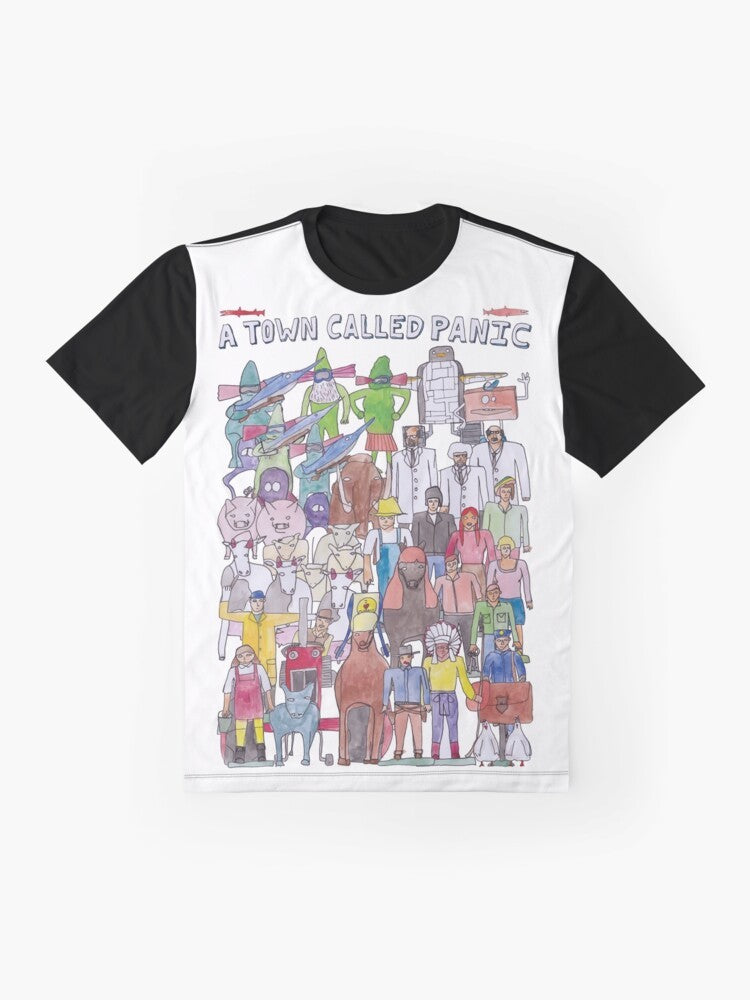 A Town Called Panic Team Illustration Graphic T-Shirt featuring all the characters from the popular French animated film - Flat lay