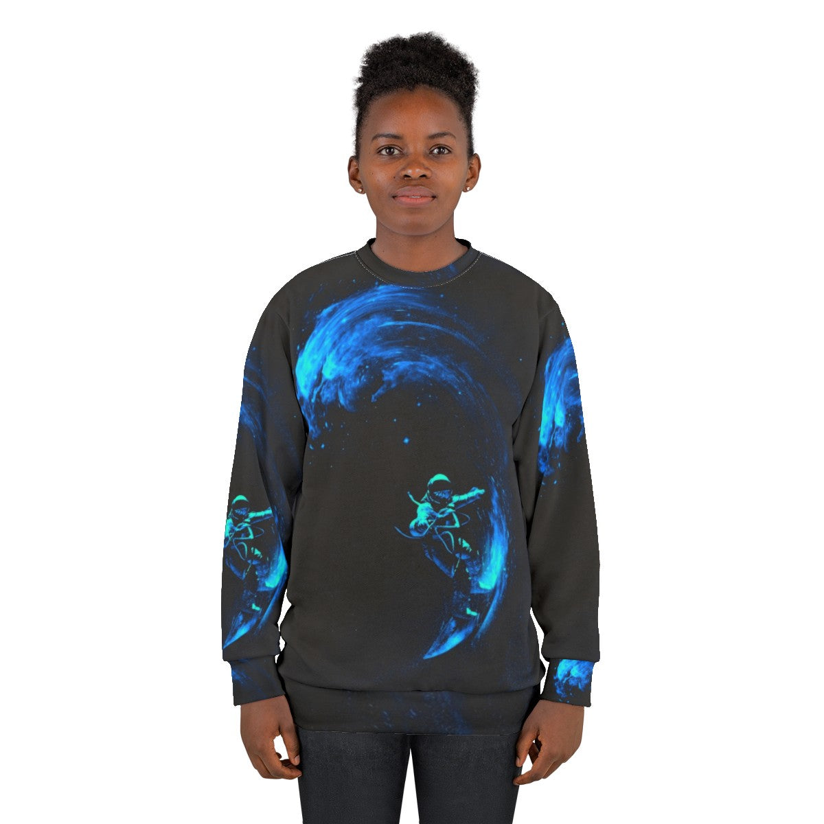 Cosmic Space Surfing Sweatshirt with galaxy, stars and astronaut design - women