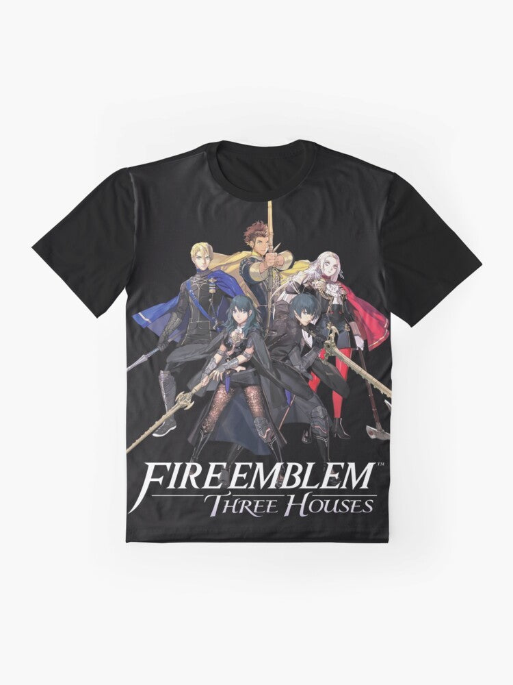 Graphic t-shirt featuring the House Leaders (Dimitri, Edelgard, Claude) and Byleth from the video game Fire Emblem: Three Houses - Flat lay