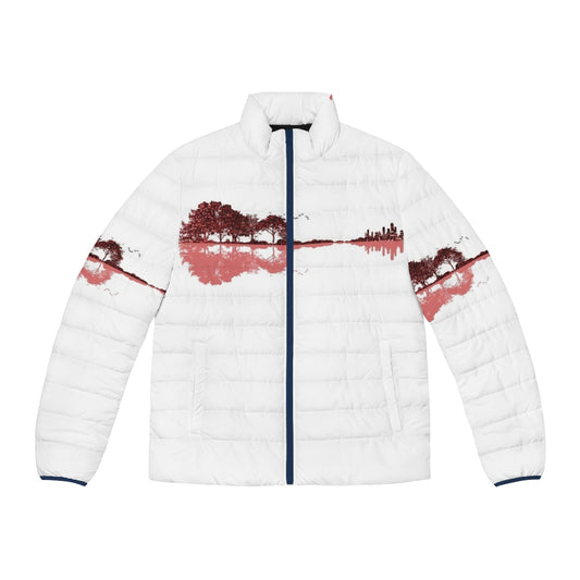 A red puffer jacket featuring a nature guitar and musical notes design