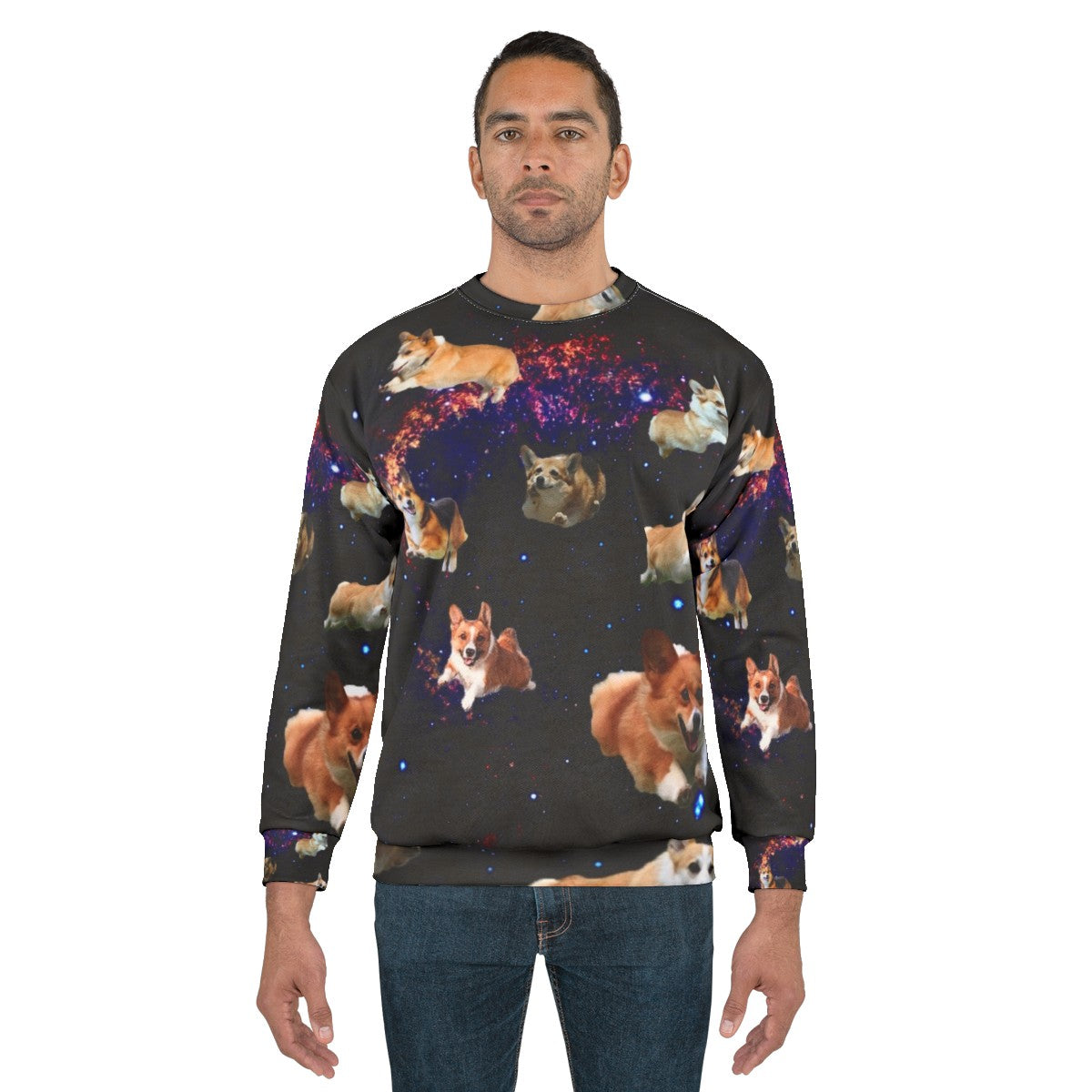 Space Corgis Sweatshirt featuring a trippy, celestial design with a cute corgi - men