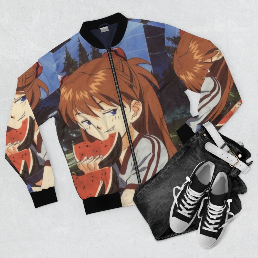 Asuka Langley Soryu wearing a smug bomber jacket, inspired by the anime Evangelion - Flat lay