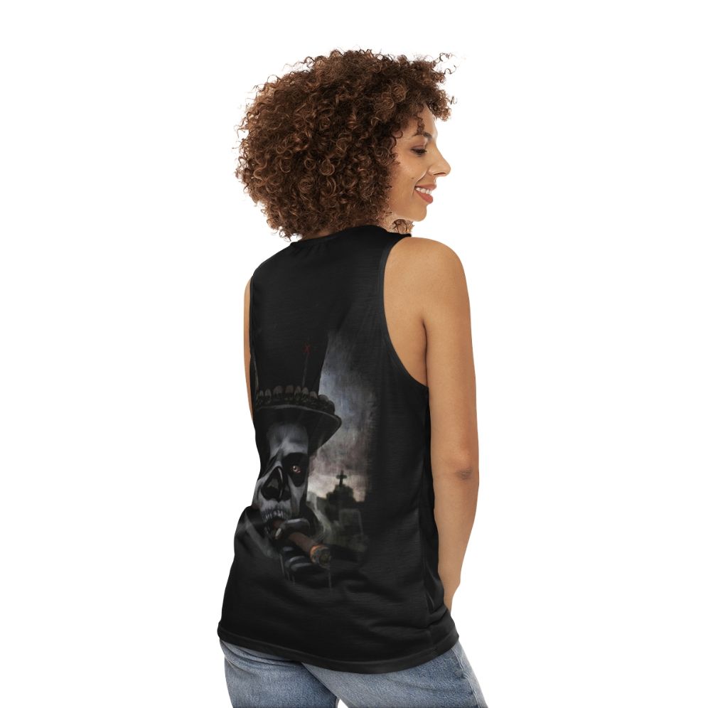 Voodoo Unisex Tank Top with Baron Samedi and Papa Legba Imagery - women back