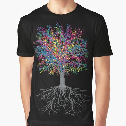 A graphic t-shirt design featuring a nature-inspired pattern with musical notes and elements like trees, leaves, and blossoms.