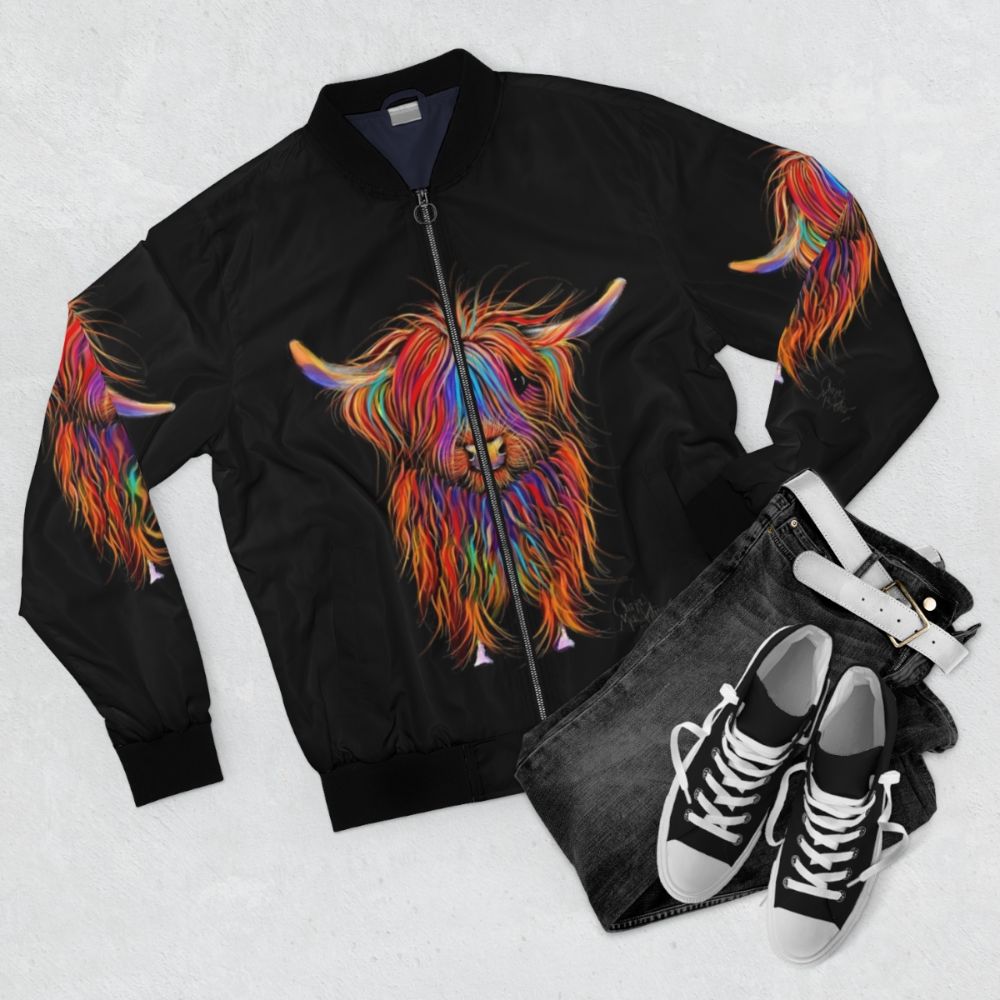 Bomber jacket featuring a highland cow illustration with the text 'Pumphrey' by Shirley MacArthur - Flat lay