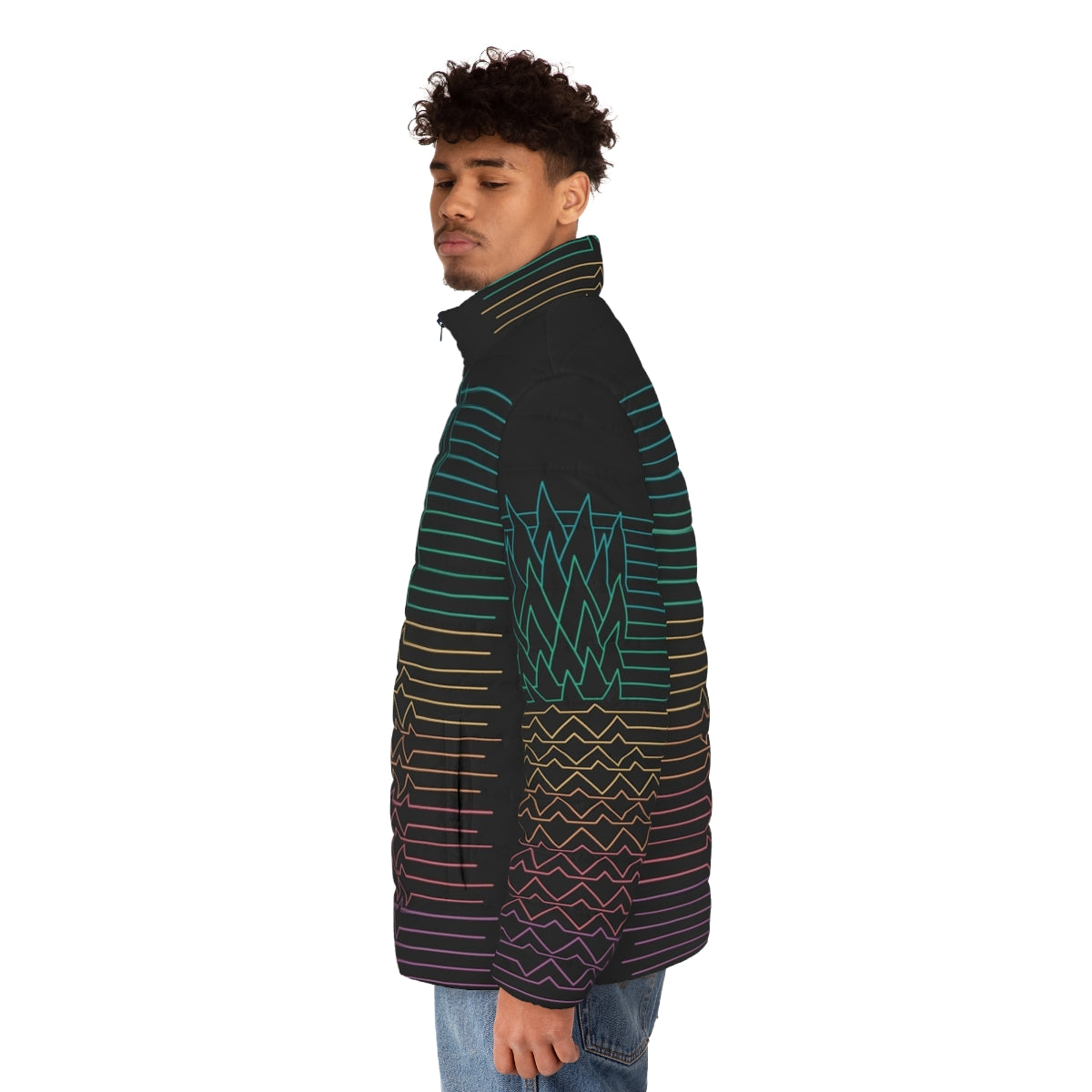 Hala Kahiki puffer jacket with minimalist tropical and synth-inspired graphic design - men side left