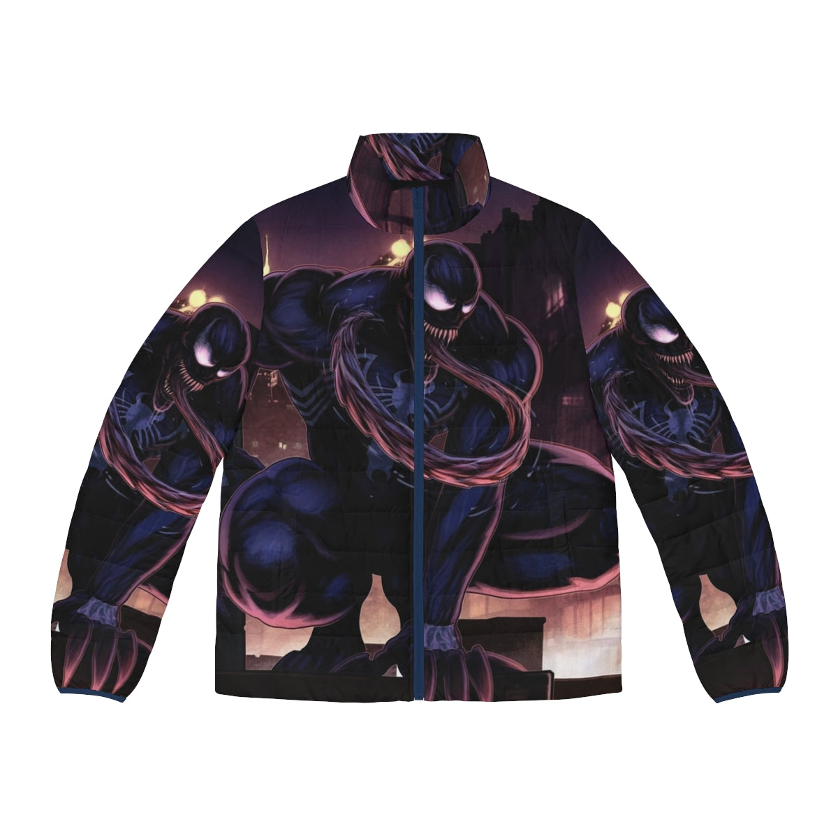 Venom-inspired puffer jacket with spider web design