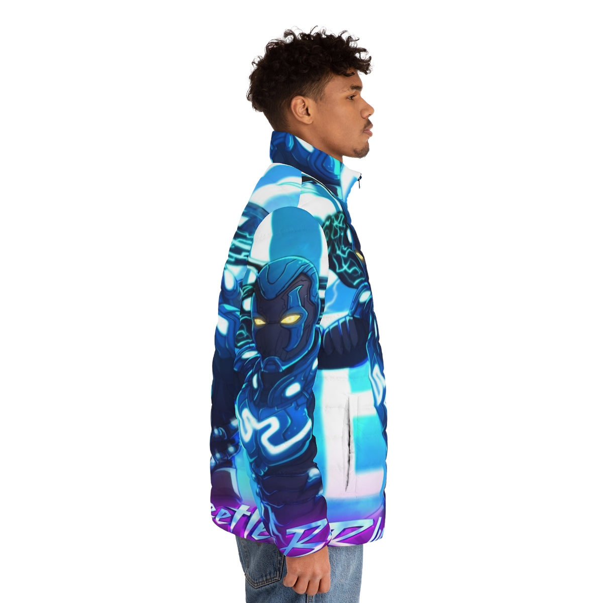 Blue Beetle Puffer Jacket with the iconic beetle logo and design - men side right