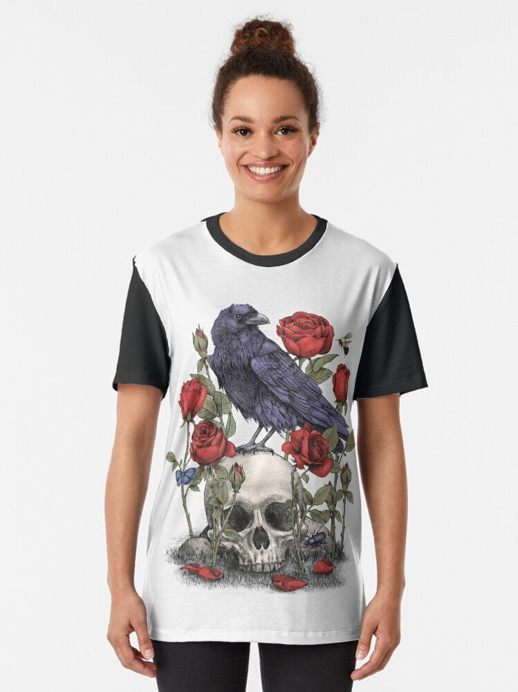 Memento mori graphic t-shirt featuring a raven, skull, and floral design by artist Terry Fan - Women