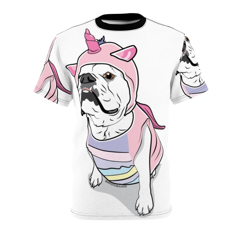 A t-shirt featuring a bulldog unicorn digital illustration