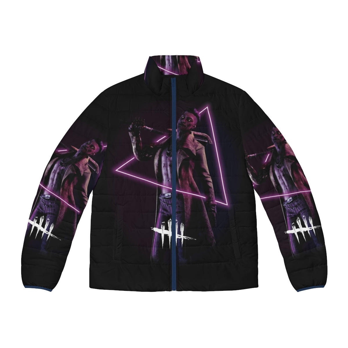 Dark neon puffer jacket with Trickster inspired design, perfect for deadbydaylight fans and gamers