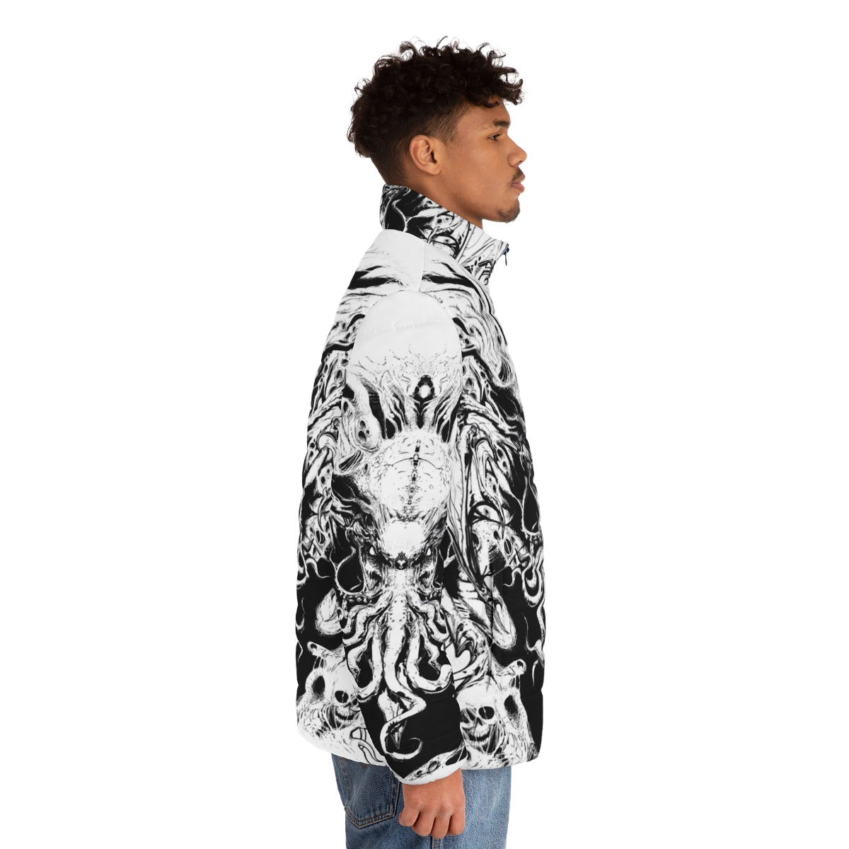 Cthulhu puffer jacket with cosmic horror design - men side right