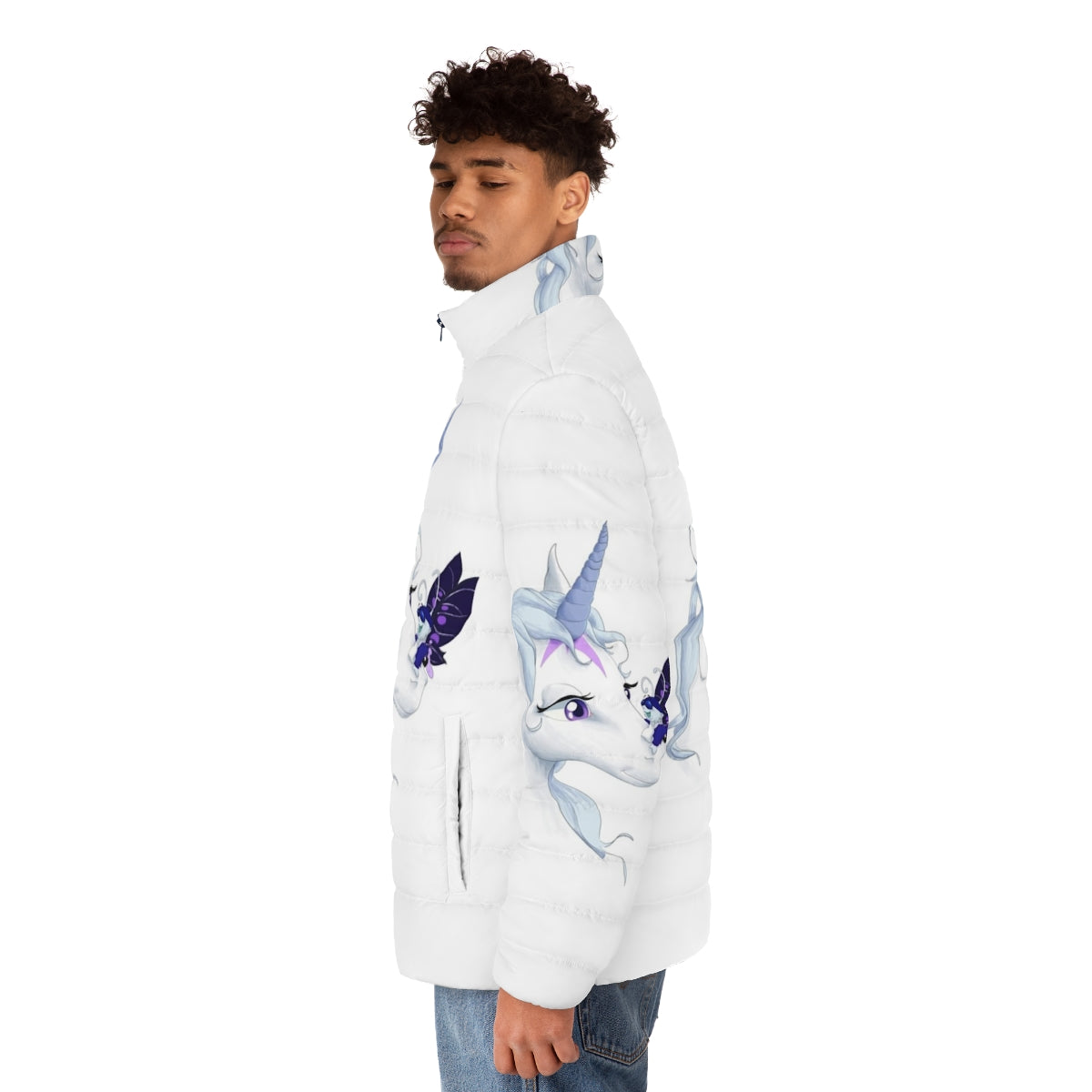 A puffer jacket featuring an illustration of the iconic The Last Unicorn character - men side left