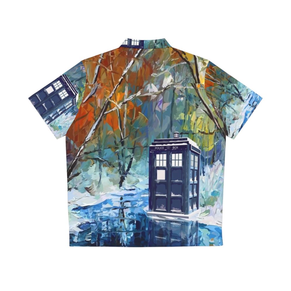 Blue Phone Booth Hawaiian Shirt with Winter Wonderland Scenery - Back