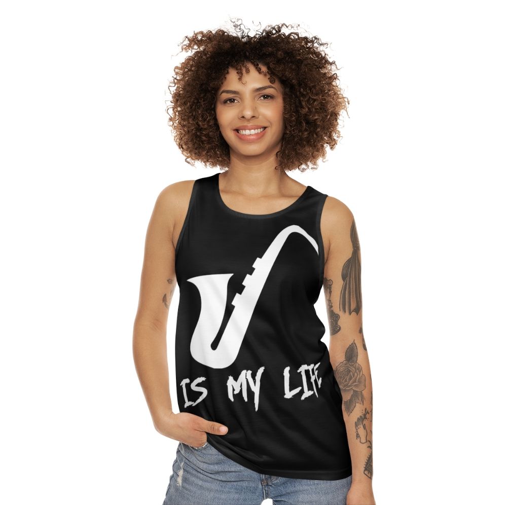 Unisex tank top with "Saxophone Is My Life" text - women