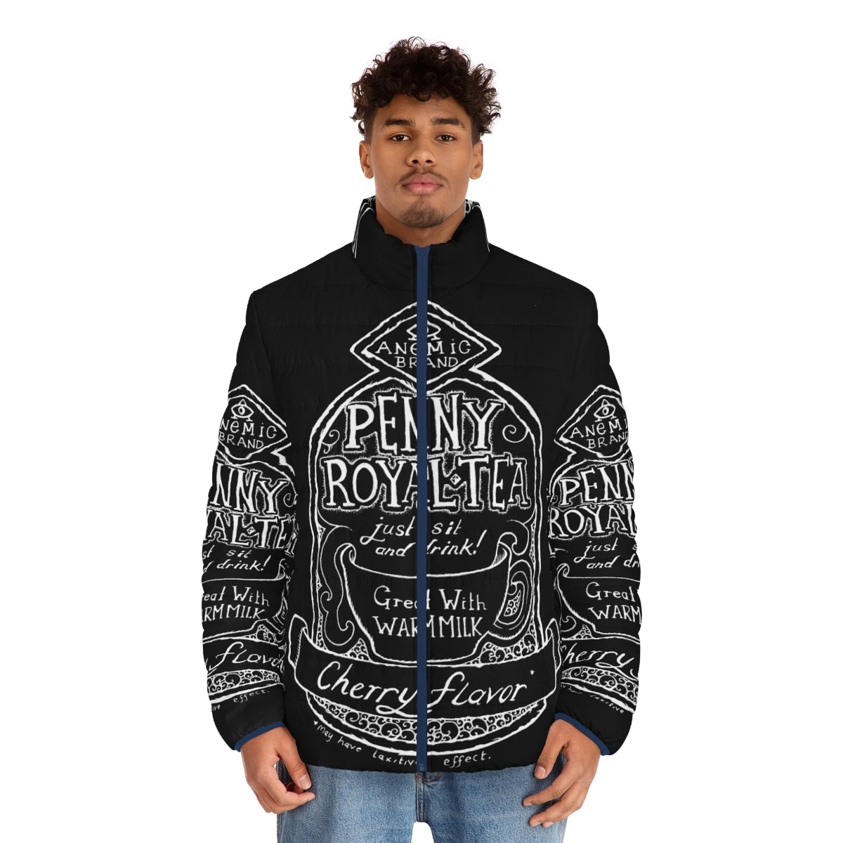 Pennyroyal Tea Puffer Jacket featuring illustrated Nirvana lyrics - men front