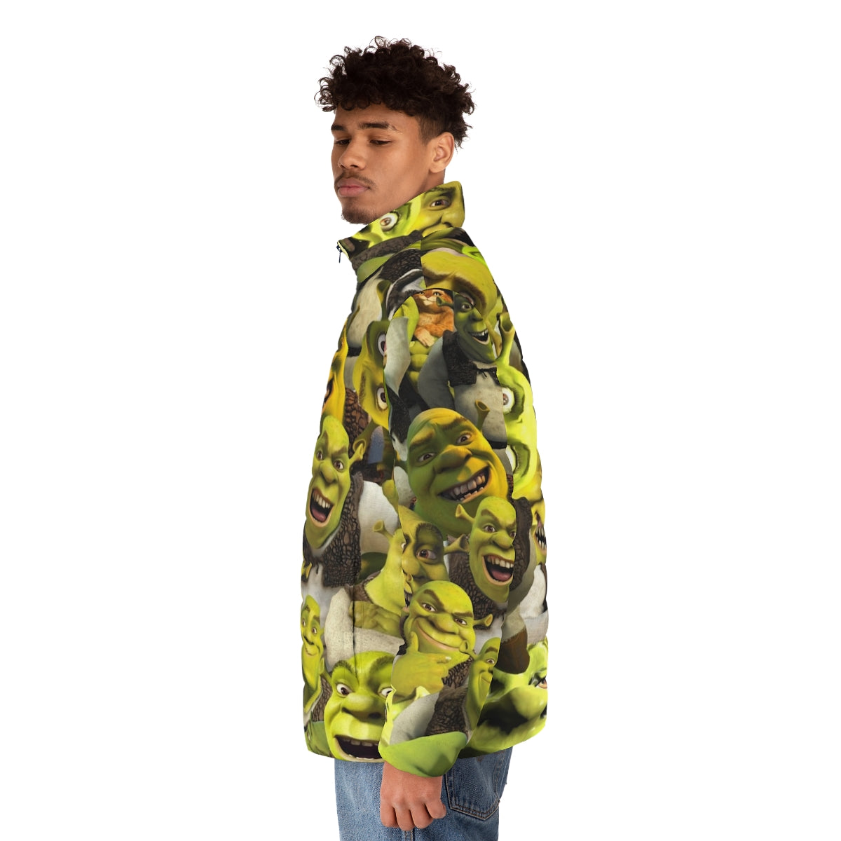 Shrek Collage Puffer Jacket featuring vibrant Shrek-inspired graphics and a playful, trendy design - men side left