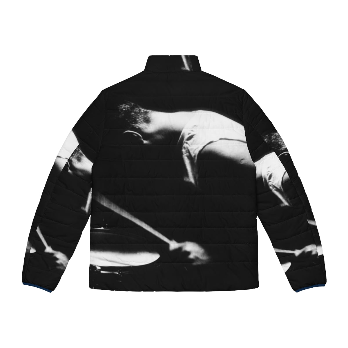 Puffer jacket with drummer silhouette design inspired by U2 member Larry Mullen Jr. - Back