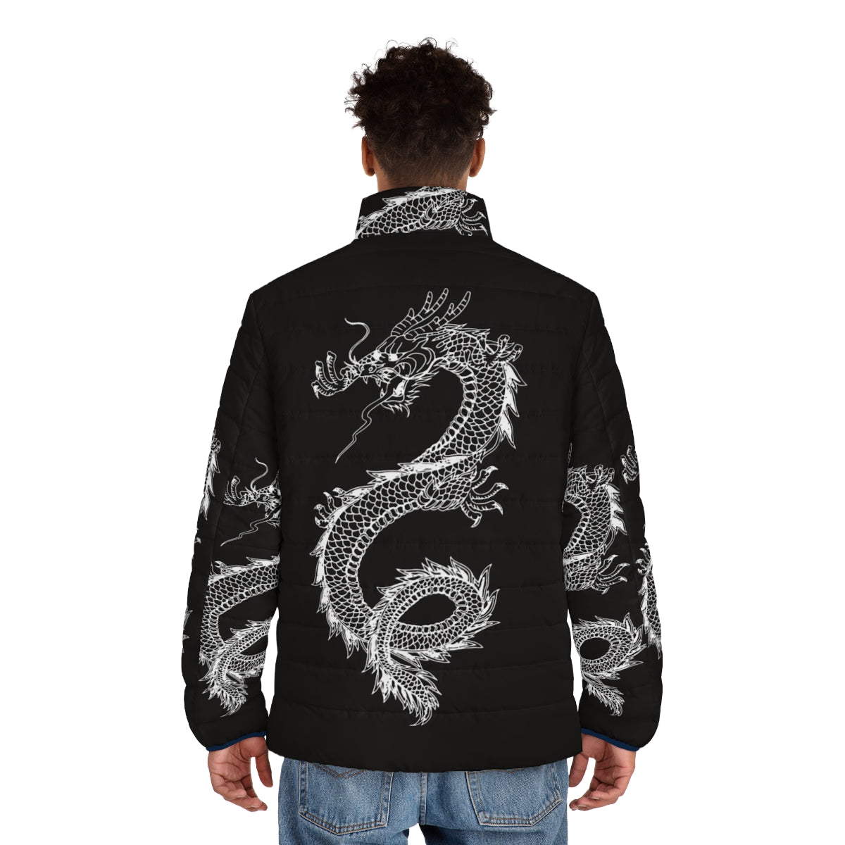 A stylish puffer jacket featuring a cool dragon silhouette design from the legendary animals collection. - men back