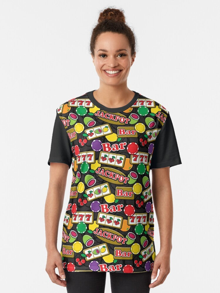 Graphic t-shirt with a pattern of lucky slot machines, jackpots, and fruit symbols - Women