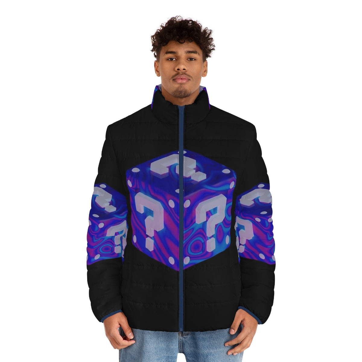 Mystery Box Puffer Jacket with psychedelic, geometric design - men front